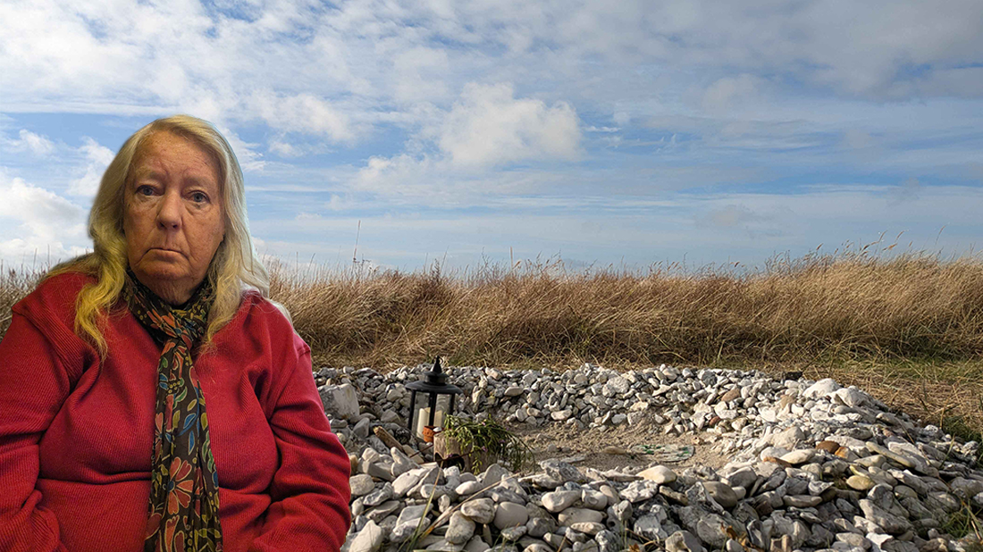 Ingrid Wall mot en bakgrund där Kim Walls monument syns