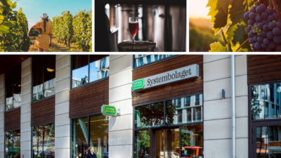 Kollage med en bild på en kvinna på en vingård, ett glas öl, en vindruvsklase i motljus och entren till systembolaget.