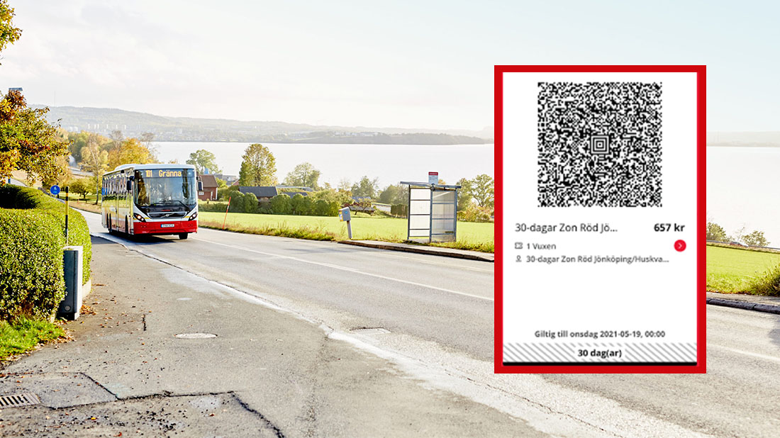 En buss på en väg, en infogad bild av en biljett från jönköings länstrafik