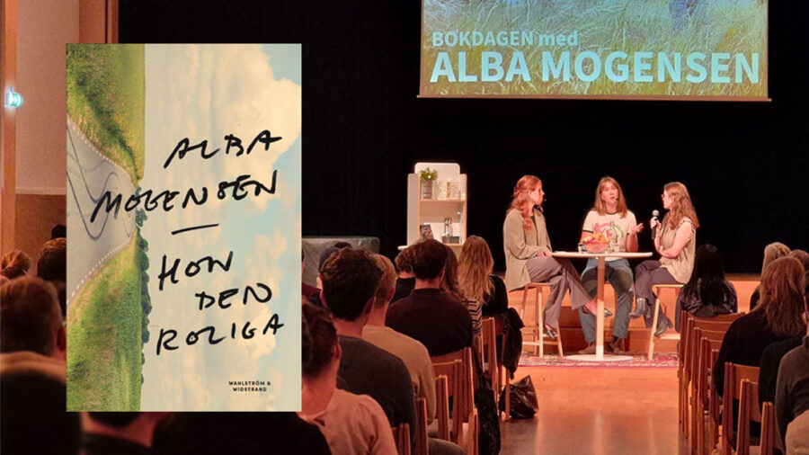 En bild på Alba Mogenserns bok "Hon den roliga" och en bild på en aula med Alba Mogensen som pratar för publik