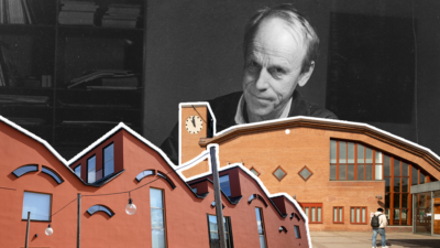 Montagebild med Carl Nyrén och hans utvalda verk i Jönköping, Länsmuseet och järnvägstationen