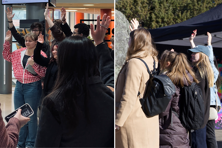 Studenter på Malmö Universitet och Södertörns Högskola i kampanj för SFS Räck upp handen för fler lärarledda lektioner.