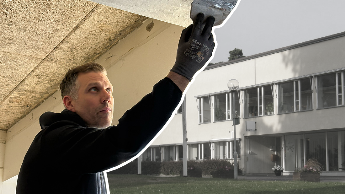 Montagebild: pågående renovation och Svf:s huvudbyggnad ritad av Carl Nyrén 1964